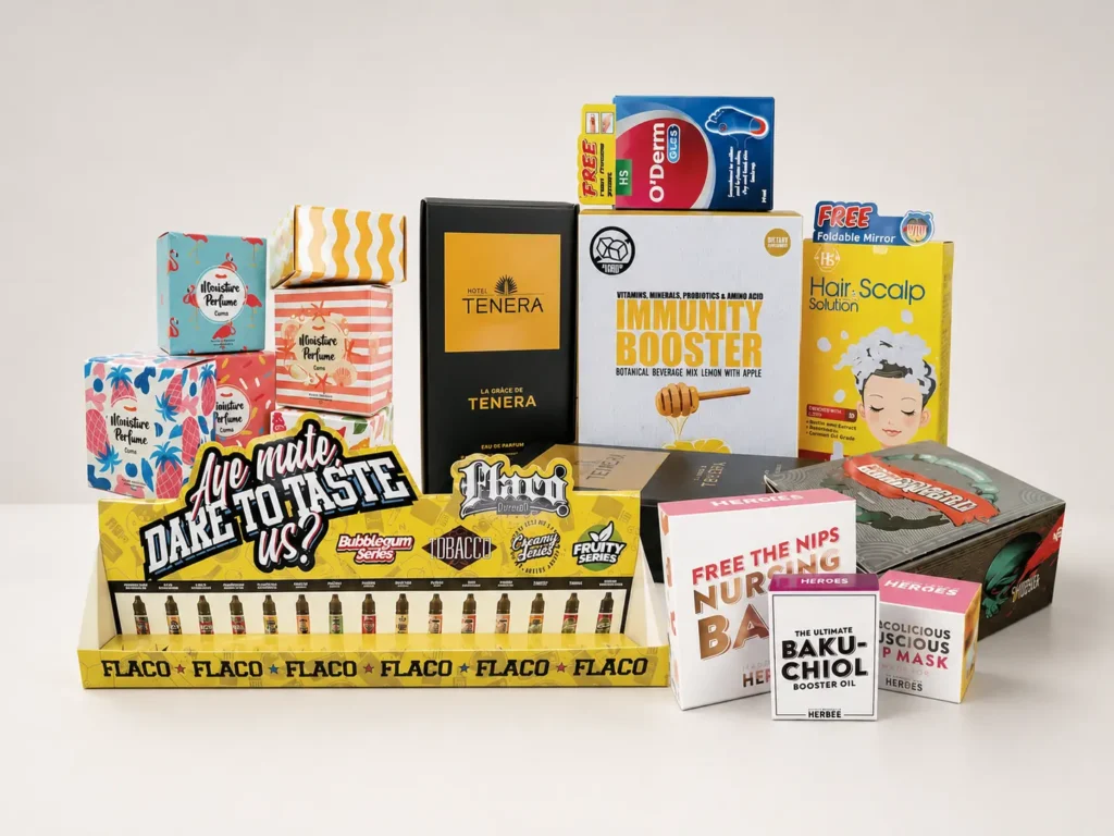 Custom packaging box printing samples for food, cosmetics and retail products by EAN Label Malaysia