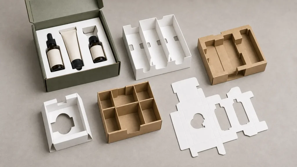 Open skincare box displayed with white paperboard inserts, kraft dividers, a molded tray and an unfolded packaging dieline.