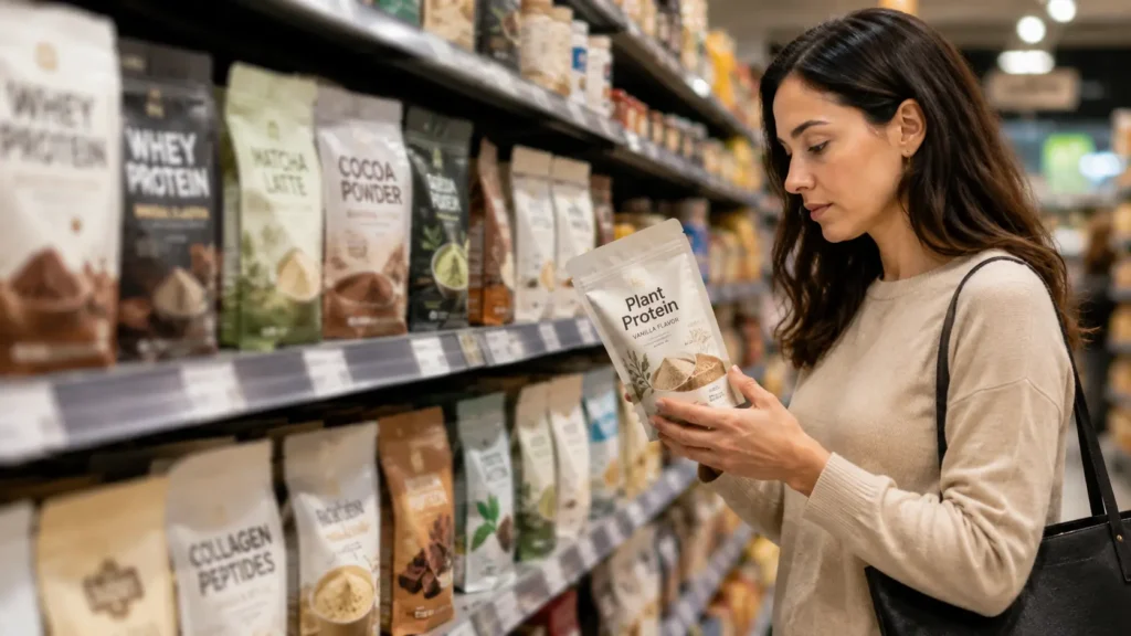 Customer comparing protein powder packaging in a retail store