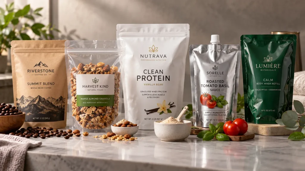 Different pouch materials and finishes shown across coffee, granola, protein powder, sauce and body wash refill packaging.