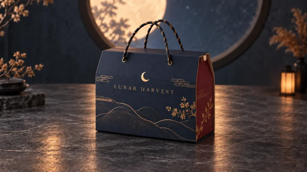 Navy and burgundy mooncake gift box with braided rope handles, gold foil decorations and Lunar Harvest branding.