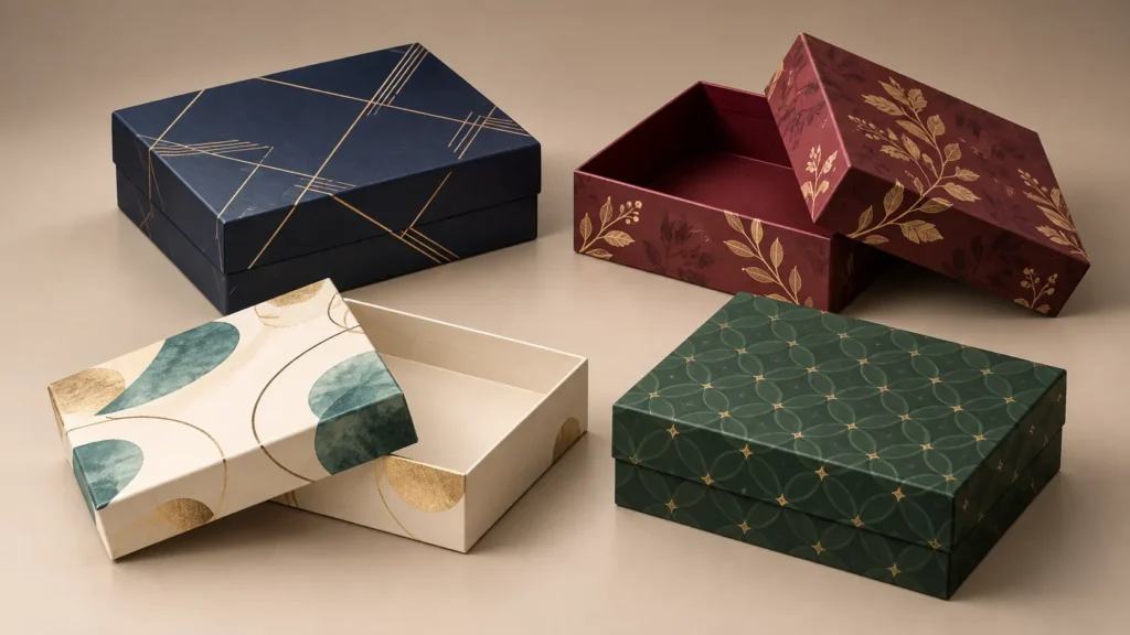 Four luxury rigid gift boxes featuring navy, burgundy, ivory and green printed designs with gold foil details.