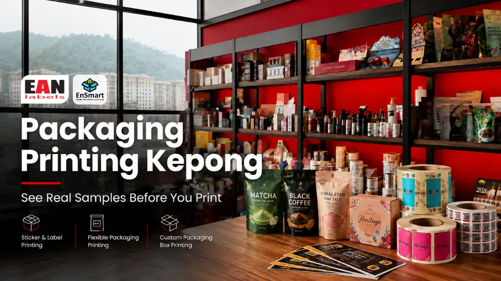 EAN Label packaging printing showroom in Kepong with sticker labels, flexible packaging and custom packaging samples on display