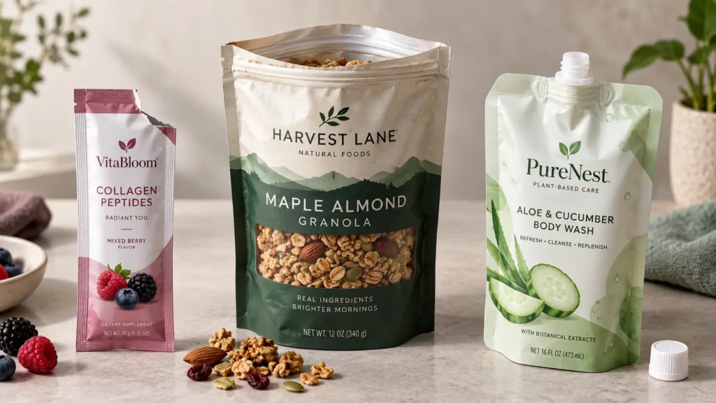 Three pouch opening options showing a tear notch sachet, resealable zipper stand-up pouch and spout pouch with cap for different product uses.