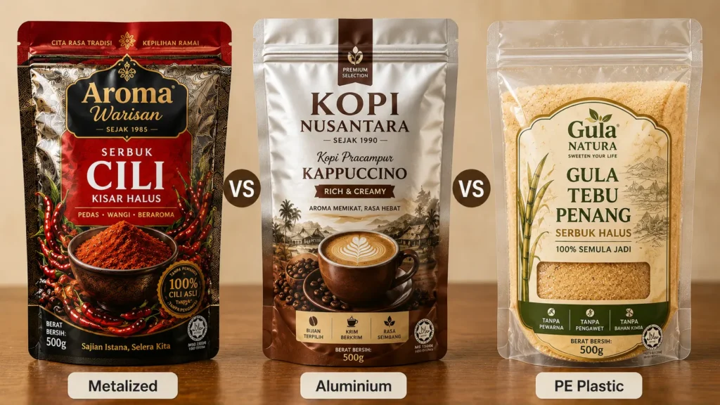 Metalised, aluminium foil and PE plastic powder packaging material comparison