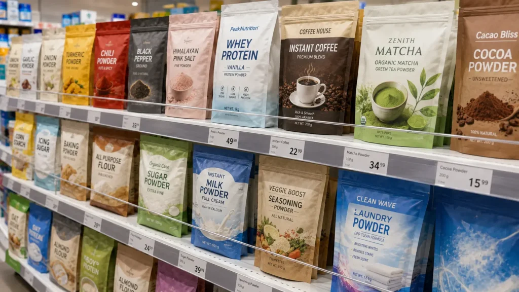 Different powder products displayed in flexible packaging on a retail shelf