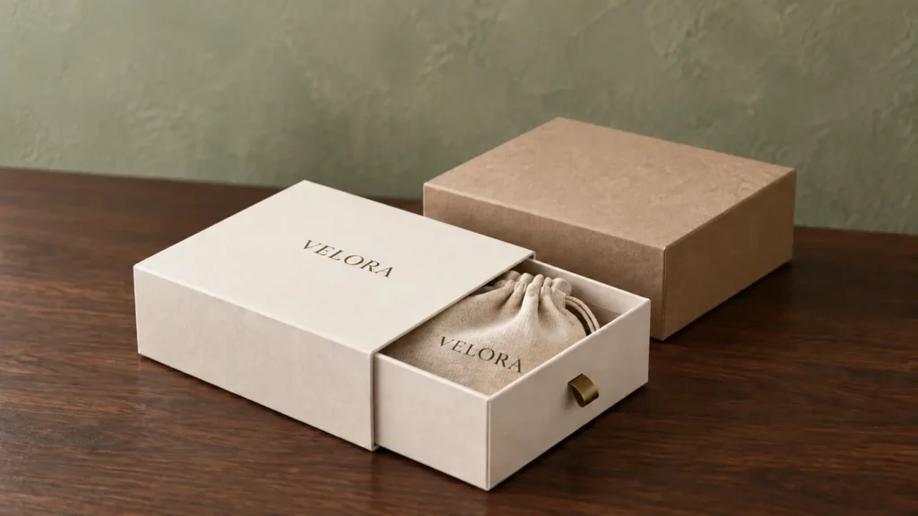 Premium ivory drawer box opened to reveal a branded fabric pouch, with a closed kraft gift box behind it.