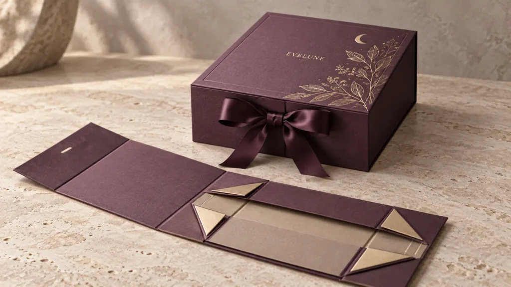 Dusty-plum rigid gift box with a satin ribbon closure beside its unfolded structural packaging component.