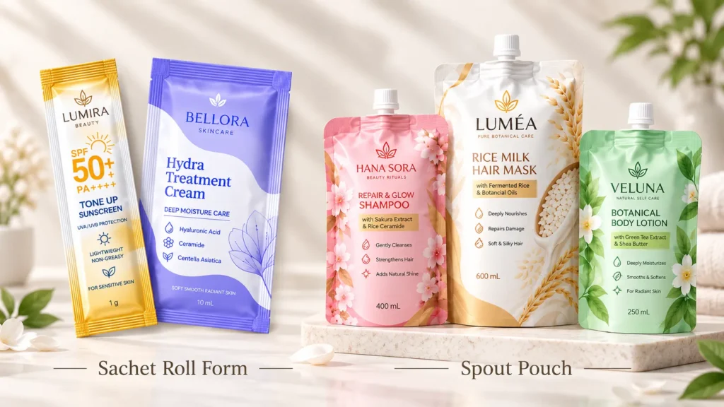 Sachet Roll Form vs Spout Pouch for cosmetic samples and beauty products