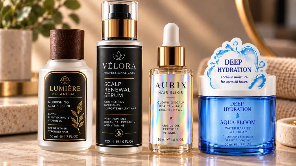 Specialty sticker materials for cosmetic products including metallic, holographic and premium label effects
