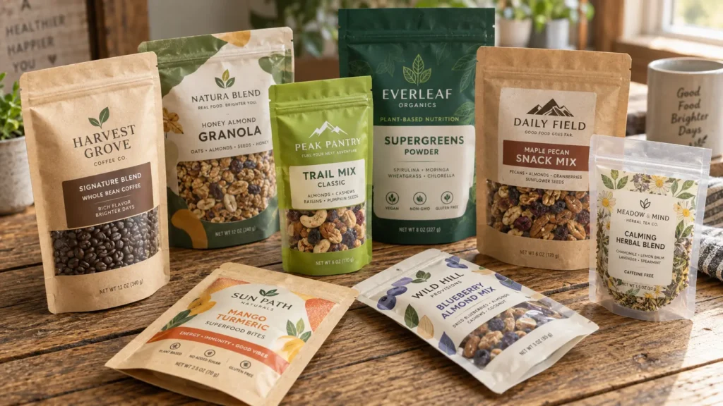 Assorted stand-up pouch packaging for coffee, granola, trail mix, supergreens powder, snack mix and herbal tea on a wooden table.
