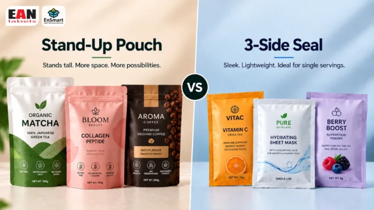 Comparison image showing stand-up pouches on the left and 3-side seal sachets on the right for different packaging applications.