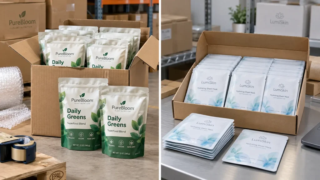 Packaging storage and shipping comparison showing stand-up pouches packed in cartons and flat 3-side seal sachets stacked neatly in a shipping box.