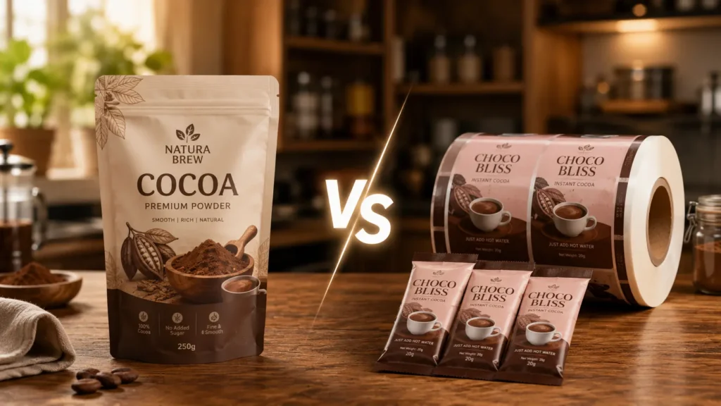 Stand-up pouch compared with sachet and roll form packaging for cocoa powder