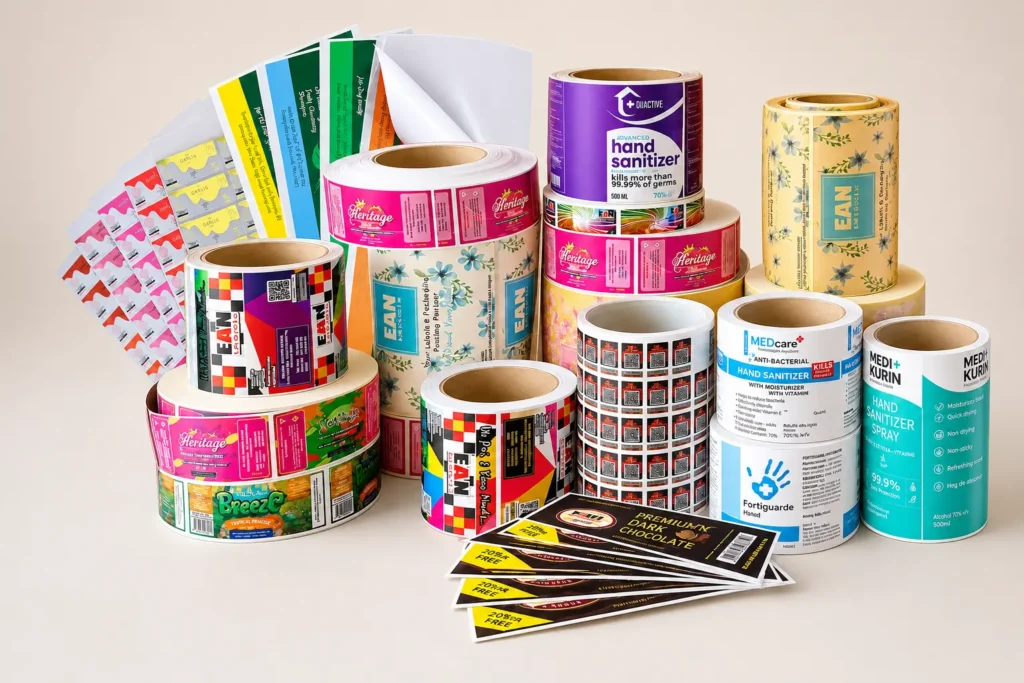 Custom sticker label printing samples in rolls and sheets for different product packaging applications in Malaysia