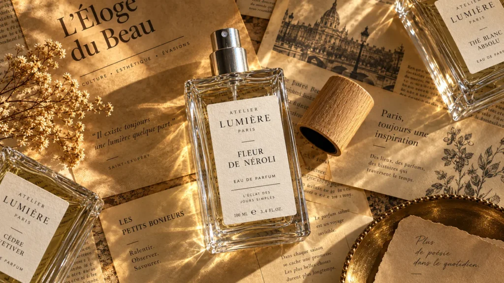 Textured paper sticker label on a clear perfume bottle for premium cosmetic packaging