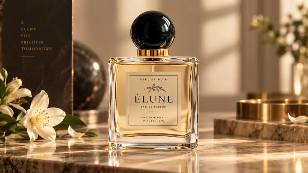 Transparent sticker label on a clear perfume bottle with a clean no-label appearance