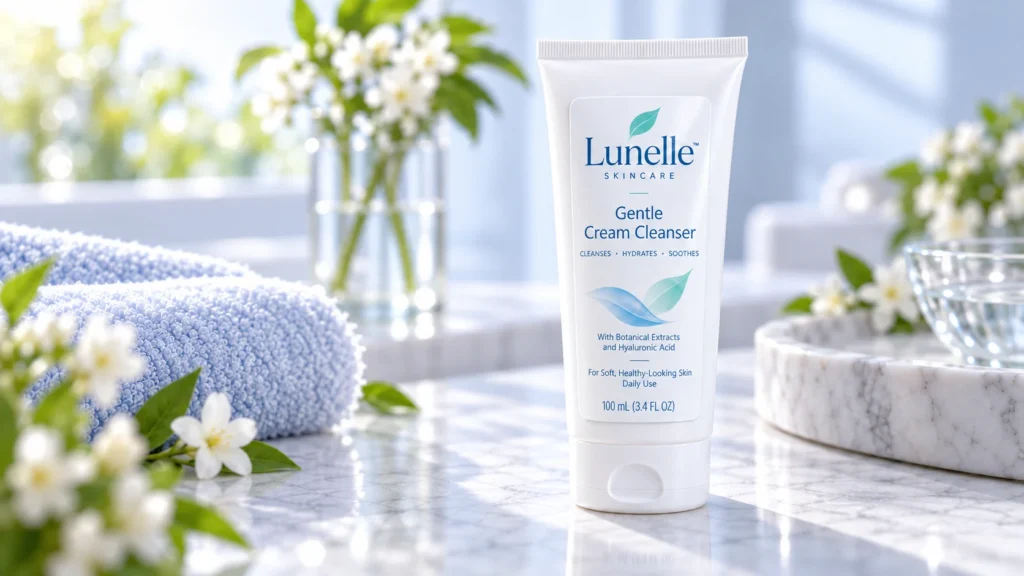 White PE sticker label applied to a squeezable facial cleanser tube