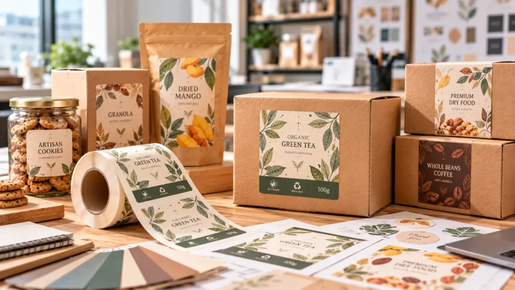 Eco-style sticker labels applied to kraft pouches, boxes, a biscuit jar and coffee packaging, with a roll of printed green tea labels.