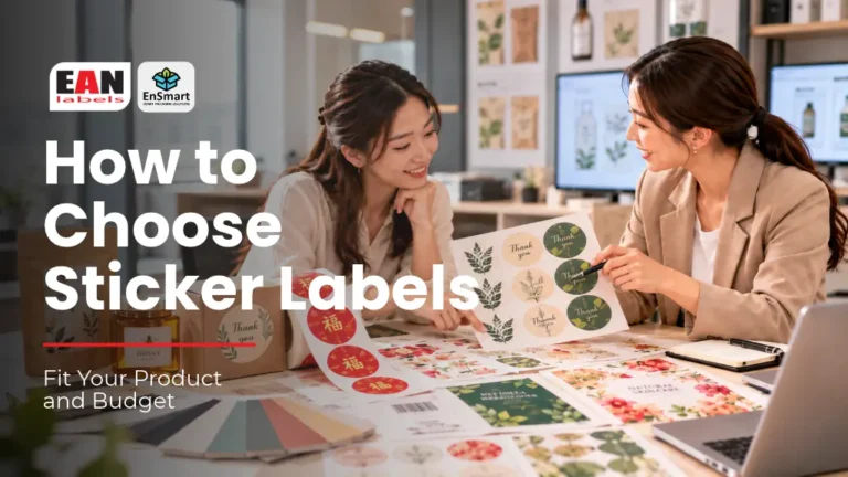 How to Choose Sticker Labels blog cover showing two packaging designers reviewing custom label sheets for product fit and budget.