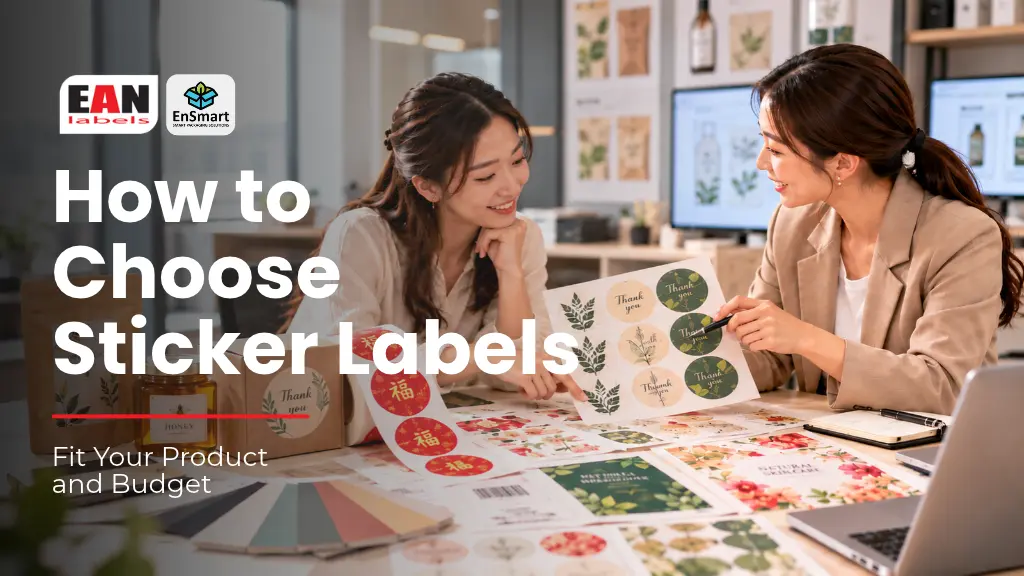 How to Choose Sticker Labels blog cover showing two packaging designers reviewing custom label sheets for product fit and budget.