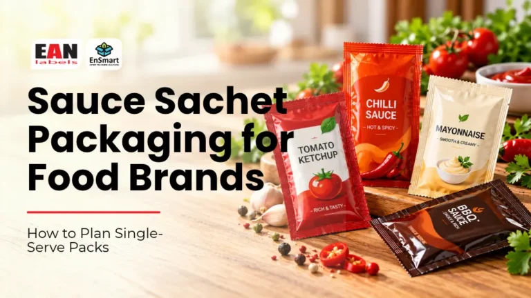 Sauce sachet packaging for food brands with ketchup, chilli sauce, mayonnaise and BBQ sauce single-serve packs