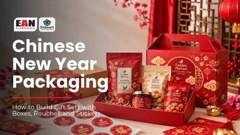 Chinese New Year gift set concept with a red box, printed pouches, jars and festive stickers