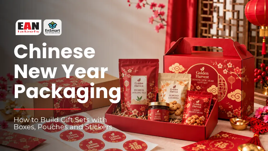 Chinese New Year gift set concept with a red box, printed pouches, jars and festive stickers