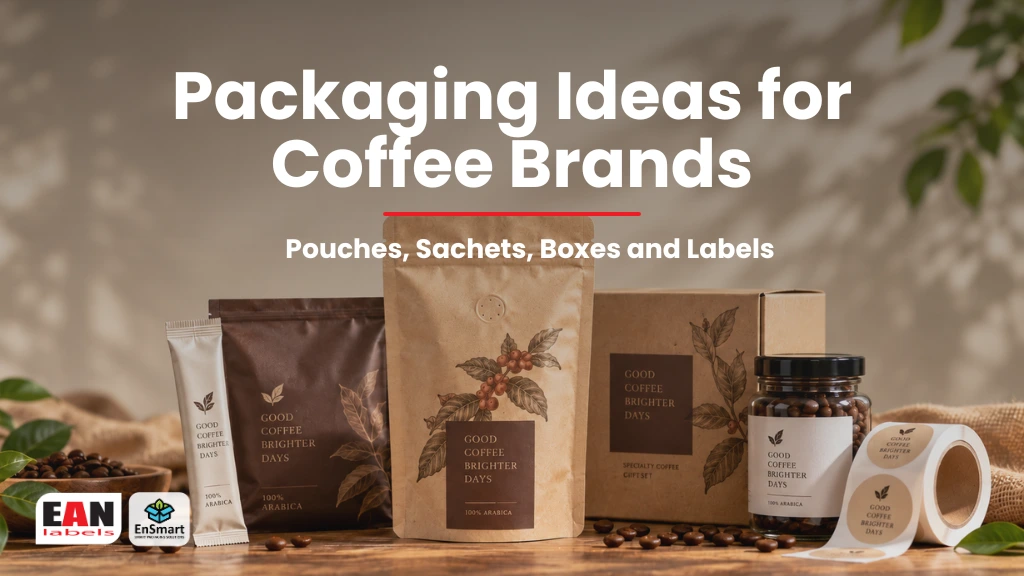 Packaging ideas for coffee brands featuring printed pouches, sachets, boxes, jar labels and roll labels