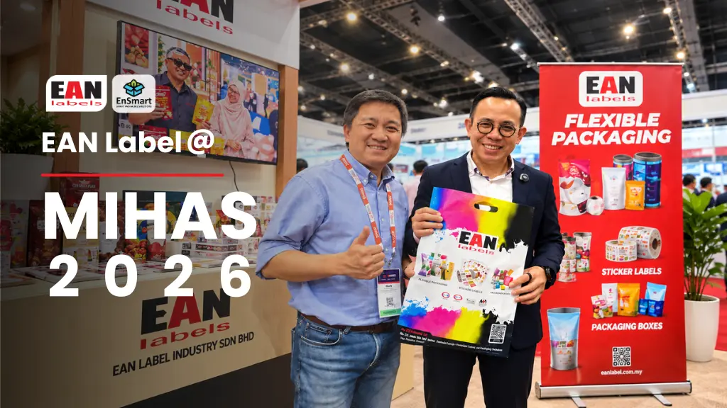 EAN Label representatives presenting flexible packaging, sticker labels and packaging box solutions at MIHAS 2026