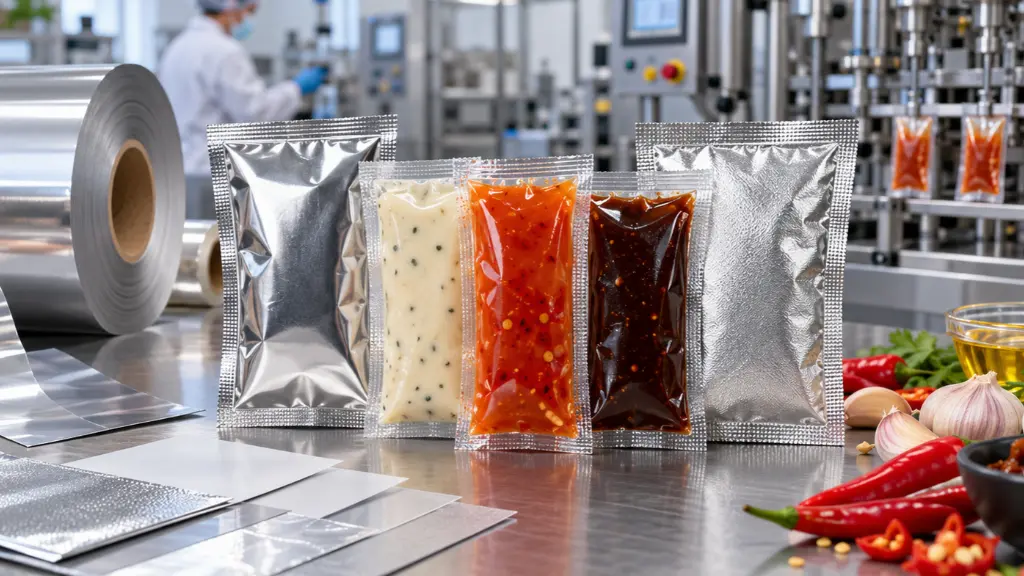 Sauce sachets with metalised film and aluminium foil packaging materials in a food packaging production environment