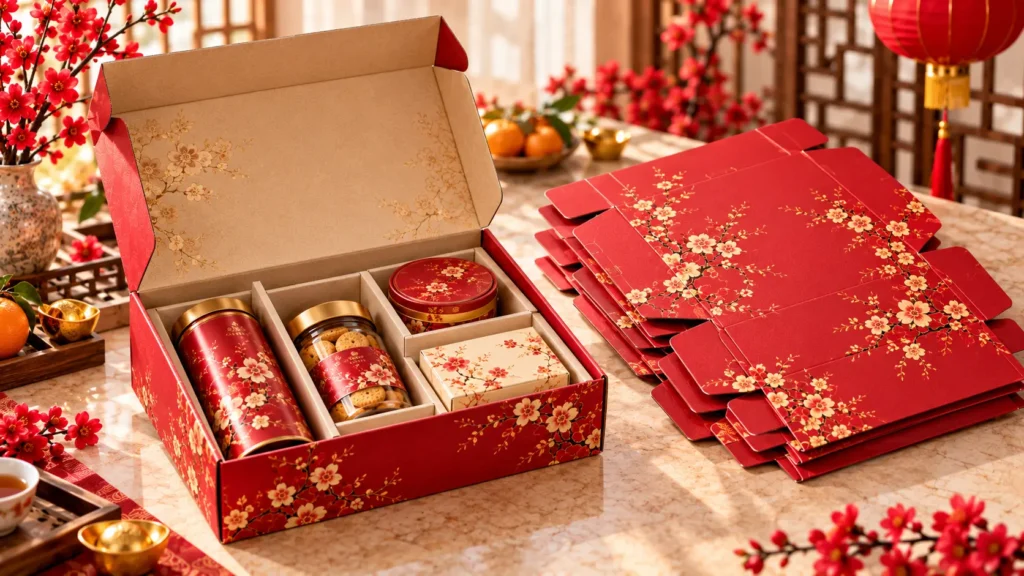 Open Chinese New Year gift box with inserts beside flat printed box pieces ready for assembly