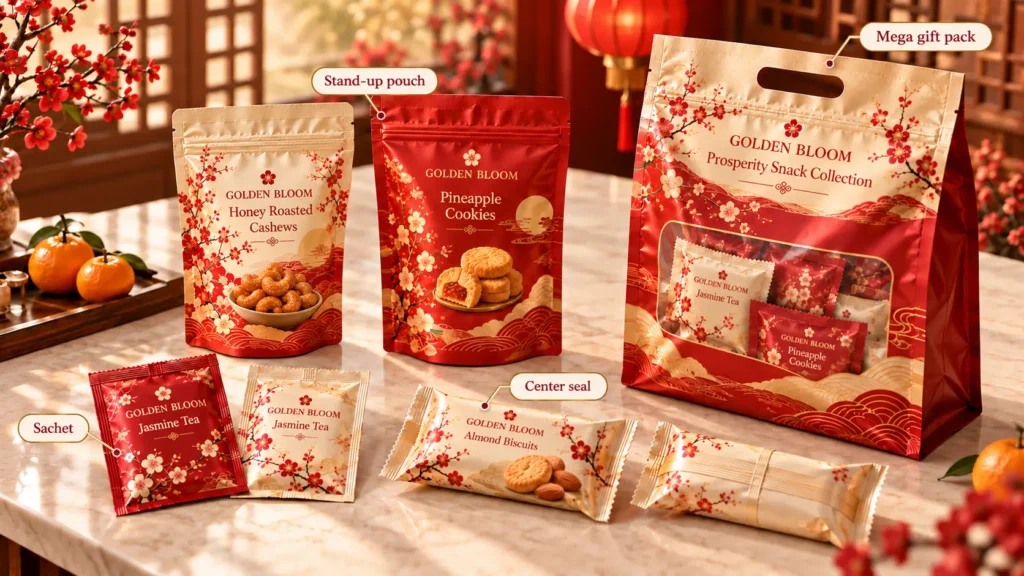 Chinese New Year packaging concepts showing stand-up pouches, sachets, centre-seal packs and a mega gift pack