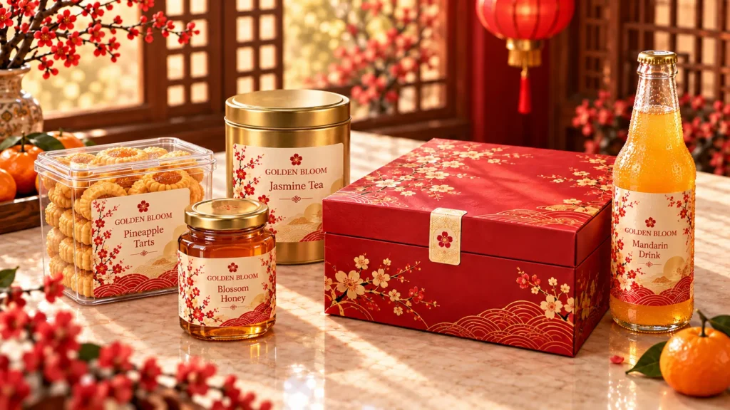 Matching Chinese New Year labels on a cookie container, tea tin, honey jar and drink bottle beside a gift box
