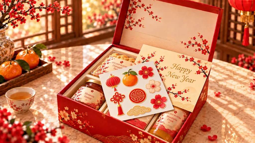 Open Chinese New Year gift box with packed products, a greeting card and a sheet of festive stickers