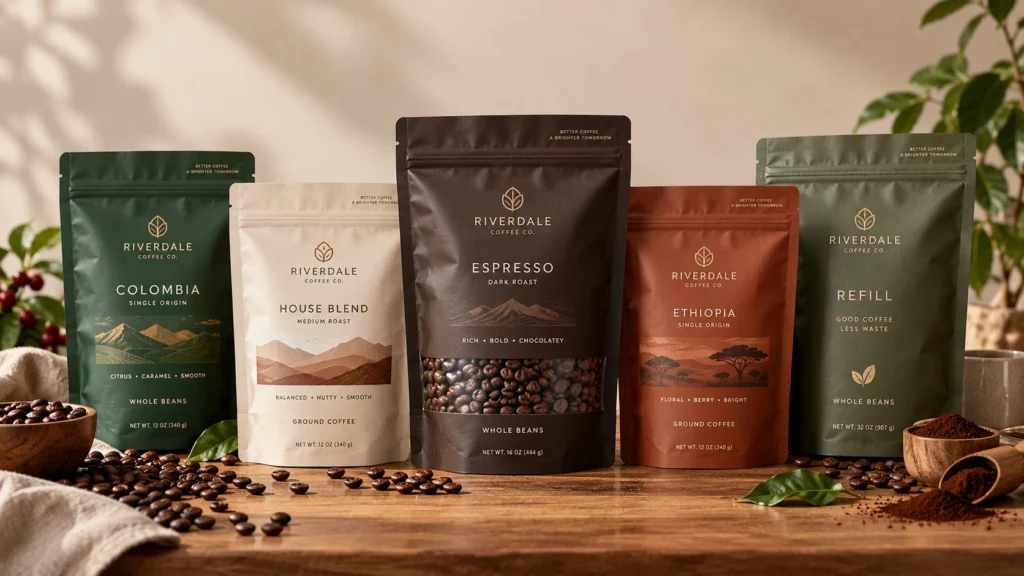 Branded stand-up pouches for whole coffee beans, ground coffee and larger refill quantities