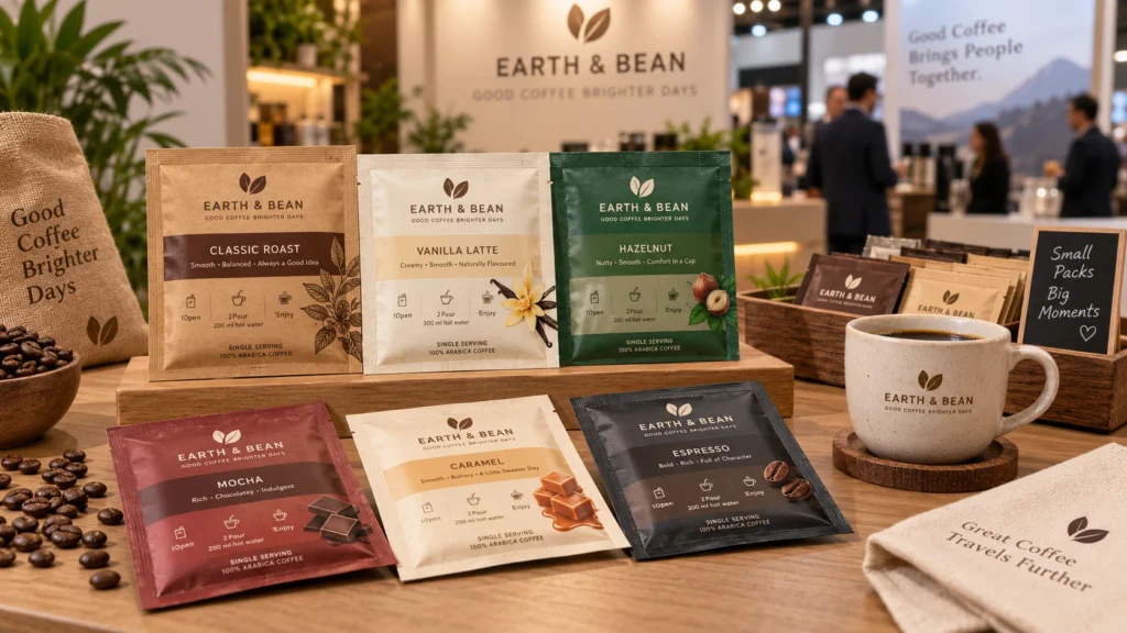 Three-side seal coffee sachets with coordinated branding for classic roast, vanilla, hazelnut, mocha, caramel and espresso