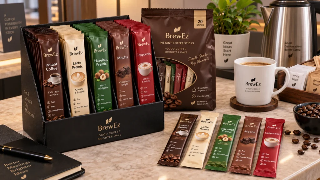 Printed instant coffee stick sachets in several flavours displayed with an outer gift bag and presentation box