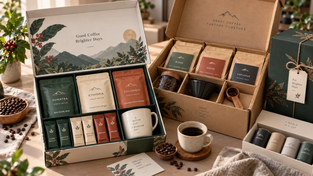 Custom coffee gift boxes with fitted inserts, printed coffee pouches, stick sachets, cups and brewing accessories