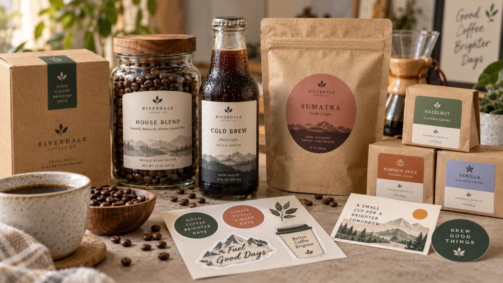 Coffee packaging ideas featuring a stand-up pouch, labelled jars and bottles, kraft boxes and custom stickers