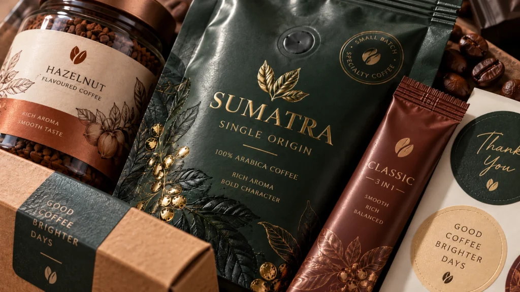 Coffee brand packaging featuring a printed stand-up pouch, coffee jar label, stick sachet, box and product stickers
