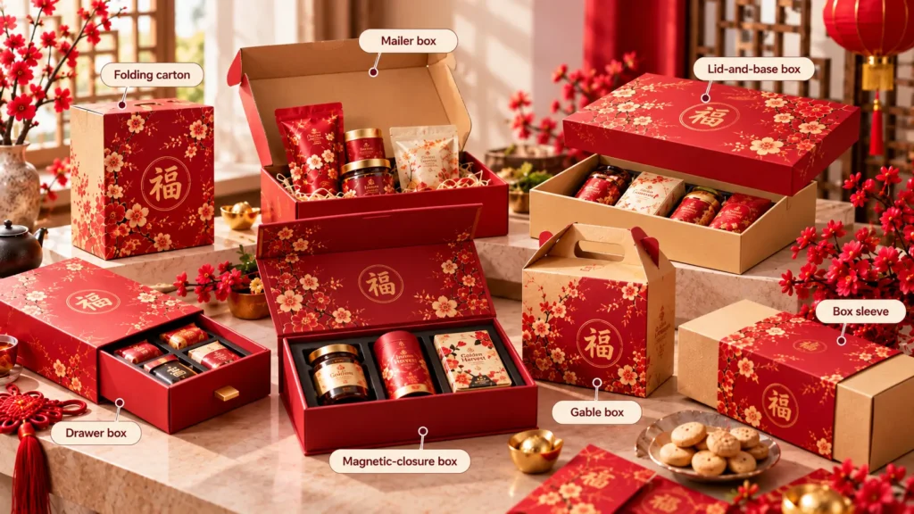 Comparison of Chinese New Year folding carton, mailer, lid-and-base, drawer, magnetic-closure and gable boxes with a box sleeve