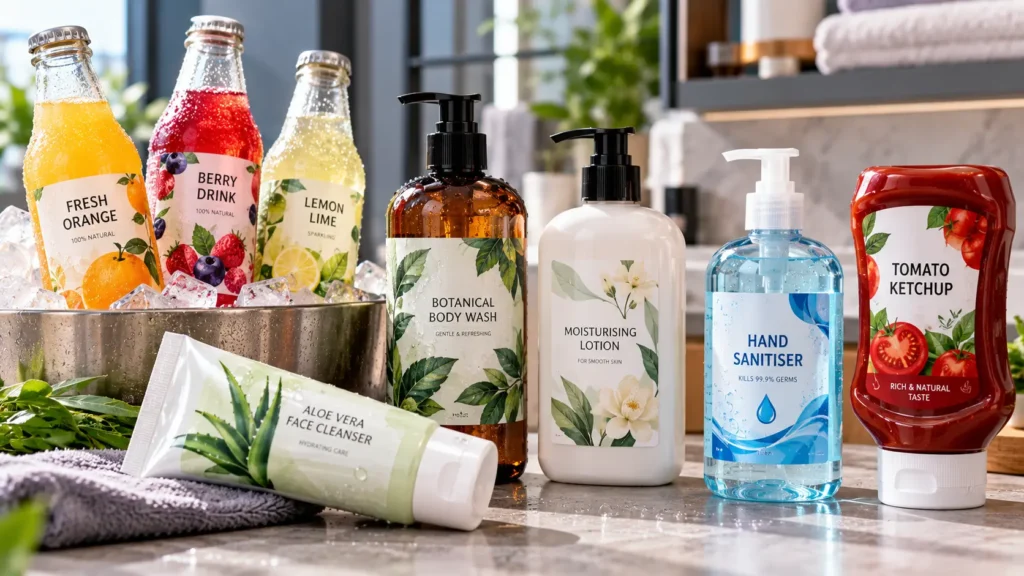 Water-resistant product labels on chilled drink bottles, body wash, lotion, hand sanitiser, facial cleanser and ketchup packaging.