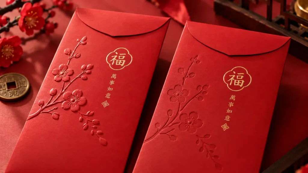 Red angpao packets with embossed plum blossoms and gold foil Chinese prosperity symbols