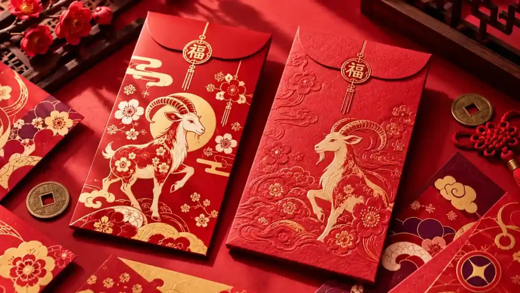 Two custom 2027 Chinese New Year angpao packets with goat illustrations, gold foil and embossed floral patterns