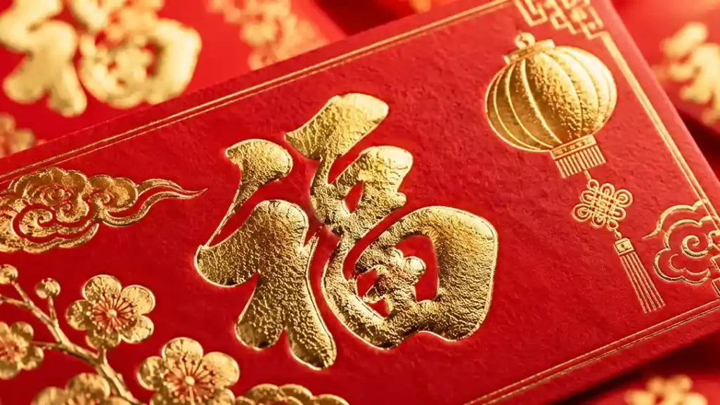 Close-up of a red angpao packet with a gold foil Chinese prosperity symbol, lantern and floral details