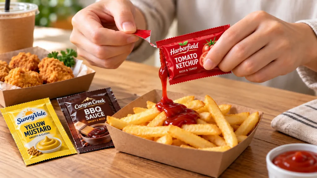 Customer opening a tomato ketchup sauce sachet and dispensing it onto fries beside a takeaway meal