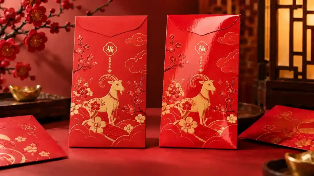 Custom red angpao packets featuring gold goat illustrations, plum blossoms and Chinese New Year designs