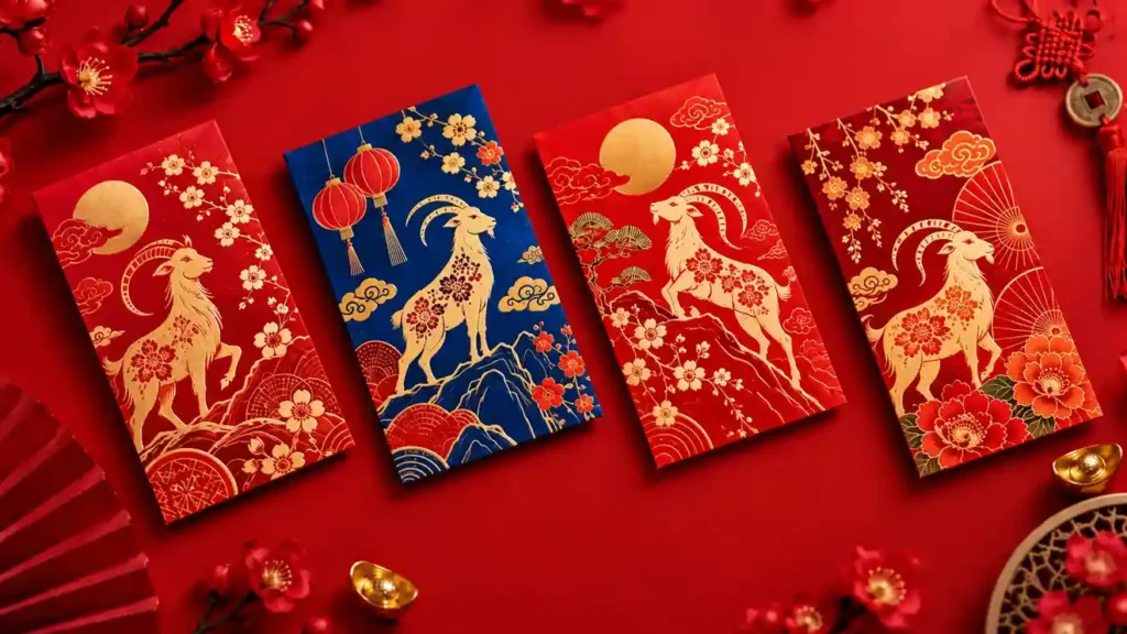 Four custom-printed angpao designs featuring goats, lanterns, flowers and gold decorative elements