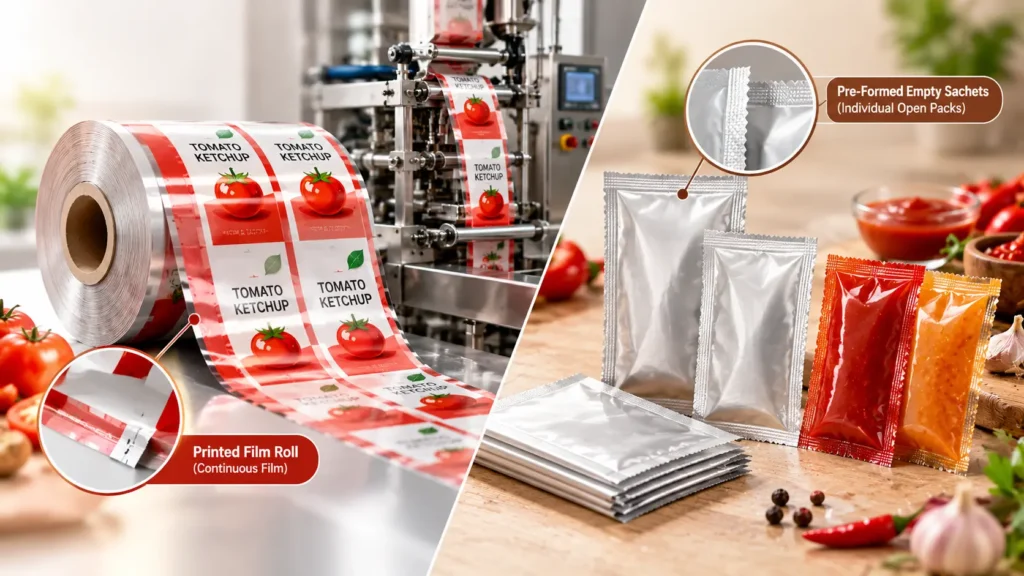 Comparison of printed film roll for form-fill-seal machines and pre-formed empty sauce sachets for filling